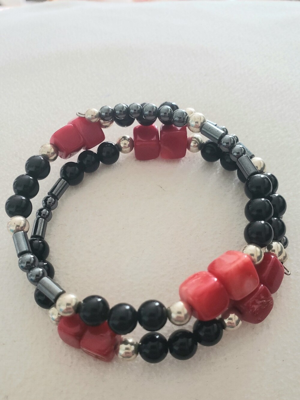 Coral Onyx Sterling Silver Hemetite Bracelet